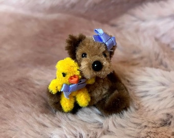 Tiny handmade teddy holding tiny chick 1.5 inches teeny gift stocking filler