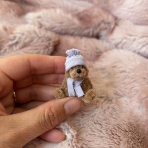 Pode incluir: Um pequeno urso de peluche marrom usando um chapéu e uma echarpe de tricô lavanda. O urso está sentado em uma mão.