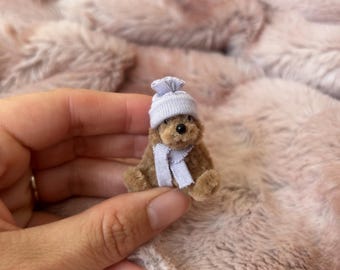 Handmade Tiny Teddy Bear: Lilac Hat and Scarf, Miniature Decor