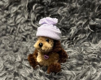 Tiny handmade teddy 1.5 sitting wearing cute hat. Cute gift,