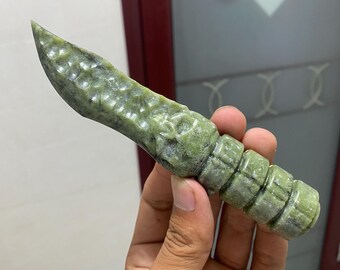 Green Jade Quartz Crystal Knife: Hand Carved Healing Stone, Home Decor (5.9")