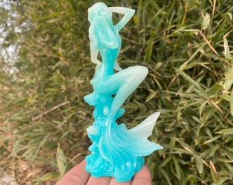 5.7" Blue Luminous stone,quartz crystal,hand carved,Crystal Mermaid specimen,Blue Luminous quartz Mermaid,Home Decoration