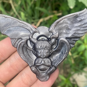 4.1&#39;&#39; Natural Silver Obsidian crystal,crystal angel,quartz crystal,hand carved,angel skull,Home Decoration 1pc