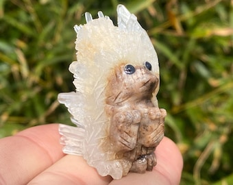 Hand Carved Quartz Crystal Hedgehog: Natural Clear Cluster, Home Decor