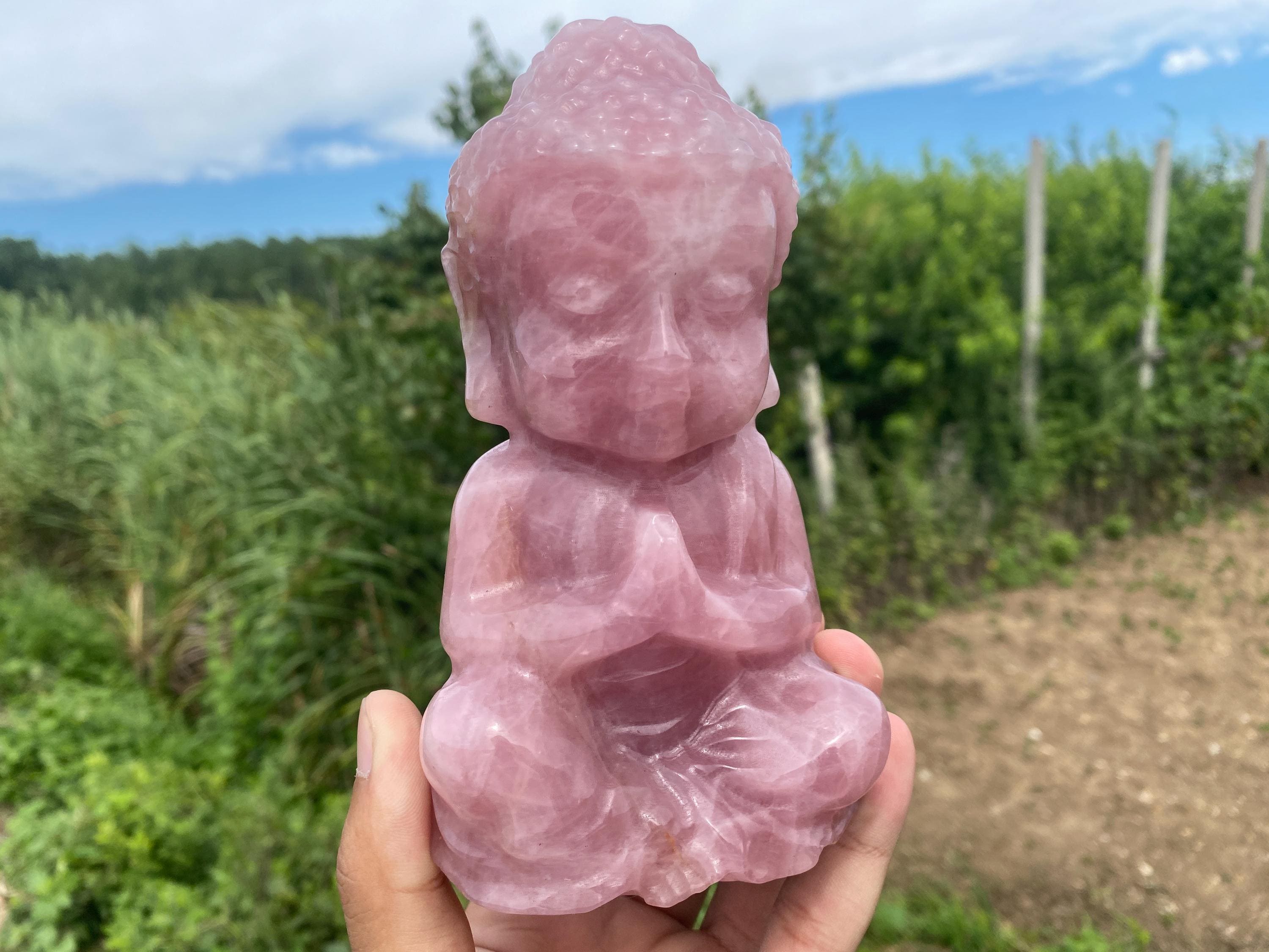 ローズクォーツ仏像：手彫りクリスタルホームデコレーション（5.9