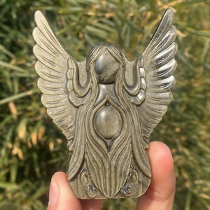 3.4&quot; Natural Gold obsidian quartz,quartz crystal,hand carved,Crystal Angel skull,Gold obsidian Angel,Home Decoration