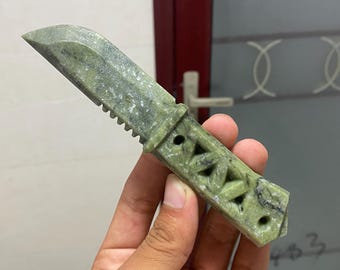 Green Jade Quartz Crystal Knife: Hand Carved Healing Stone, Home Decor (5.9")