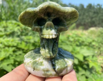 巨大な手彫りの緑色翡翠クリスタル製キノコの彫刻！重さ20.4ポンド（約