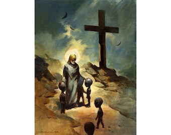 Mike Hoffman Religious Christian Mythic ufo Kunst Gemälde Print CHRIST BLESSES GREYS