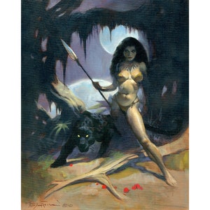 May include: A woman in a jungle setting, holding a spear and standing next to a black panther. The scene is lit by a full moon and the woman is wearing a loincloth and a necklace.