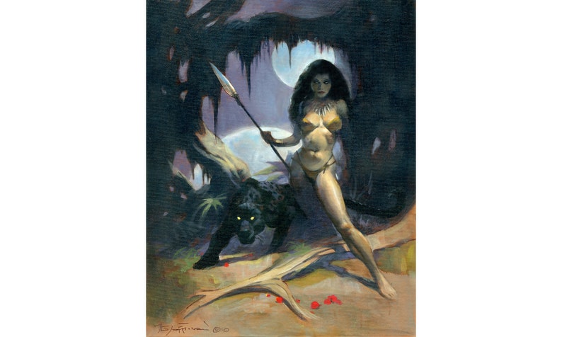 May include: A woman in a jungle setting, holding a spear and standing next to a black panther. The scene is lit by a full moon and the woman is wearing a loincloth and a necklace.