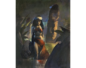 May include: An oil painting depicts a woman in a red sarong and bikini top, adorned with a floral crown, standing in water. A carved totem stands behind her, surrounded by lush green foliage, in a tropical setting.