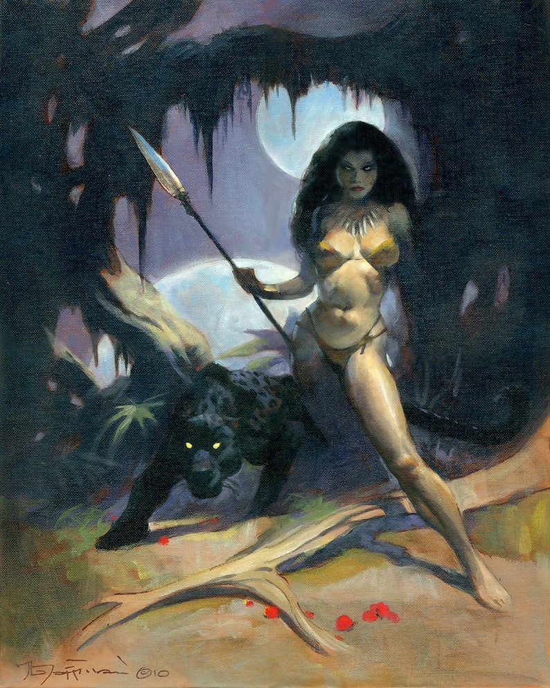 May include: A woman with long dark hair holds a spear and stands with a black panther in a jungle setting. The woman is wearing a brown leather bikini and a necklace. The scene is lit by a full moon.