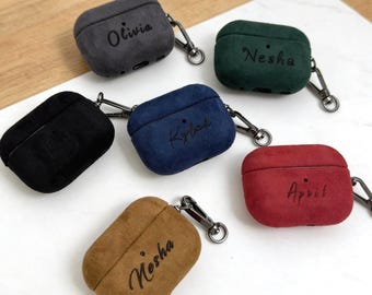 Personalized Custom Name Suede Faux leather AirPods Pro Case/Cover with Clip Case/Women and men Gift for AirPods 1 2 3 4 Pro 2 3