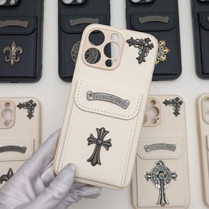 Opium met kaarttasje Cross Iris handgemaakte lederen telefoonhoes mannen vrouw iPhone 16 15 14 plus 13 12 11 pro Max opium zwart witte hoes