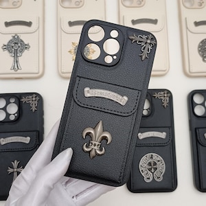 3D Kreuz Flammen Leder Handyhülle mit Kartenhalter iPhone 16 15 14 plus 13 12 11 pro Max opium Y2K Designer Gothic Handmade Black Cover