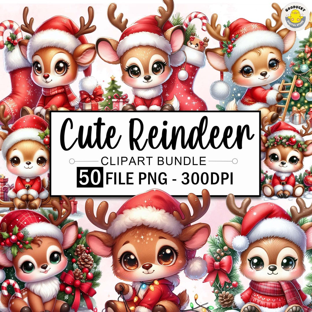 Watercolor Cute Reindeer Clipart Bundle, 50 PNG Santa Reindeer Clipart ...