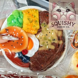 Puede incluir: Un bol blanco lleno de artículos de comida blandos de varios colores, incluyendo un bistec marrón, una mazorca de maíz amarilla, una coliflor verde, un panqueque rojo y blanco, un huevo blanco y una baya roja y azul. El bol está rodeado por una bolsa de plástico transparente. El texto "Squishy Mochi Co." está impreso en una pegatina blanca con un gato de dibujos animados.