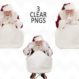 Pode incluir: Três imagens PNG claras do Pai Natal em várias poses. O Pai Natal está usando um terno vermelho com acabamento branco e um chapéu combinando. Ele está sentado em uma cadeira branca, com o texto "3 CLEAR PNGs" no centro superior.