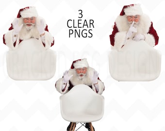 May include: Three clear PNG images of Santa Claus in various poses. Santa is wearing a red suit with white trim and a matching hat. He is seated in a white chair, with the text "3 CLEAR PNGs" in the upper center.