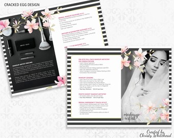 Makeup Artist Brochure or Photographer Pricing Sheet Sephora Inspired with Flowers, Prices, Half Fold