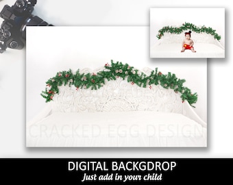 White Bed with Christmas Garland of Berries and Pine Cones, Super Clean and Simple Set. Great for Families or Children, PJ Photos, Portraits