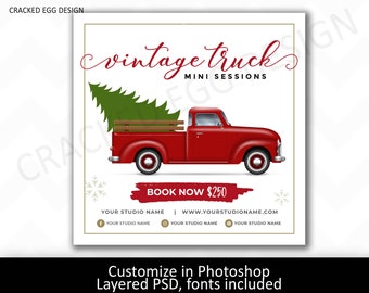 Vintage Red Truck Mini Session Template for Photographers, Photography, Customize in Photoshop, with Christmas Tree, FONTS INCLUDED