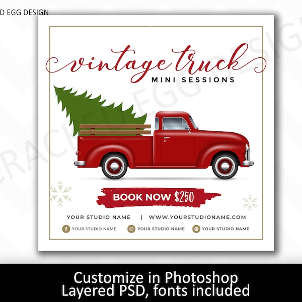 Vintage Red Truck Mini Session Template for Photographers, Photography, Customize in Photoshop, with Christmas Tree, FONTS INCLUDED