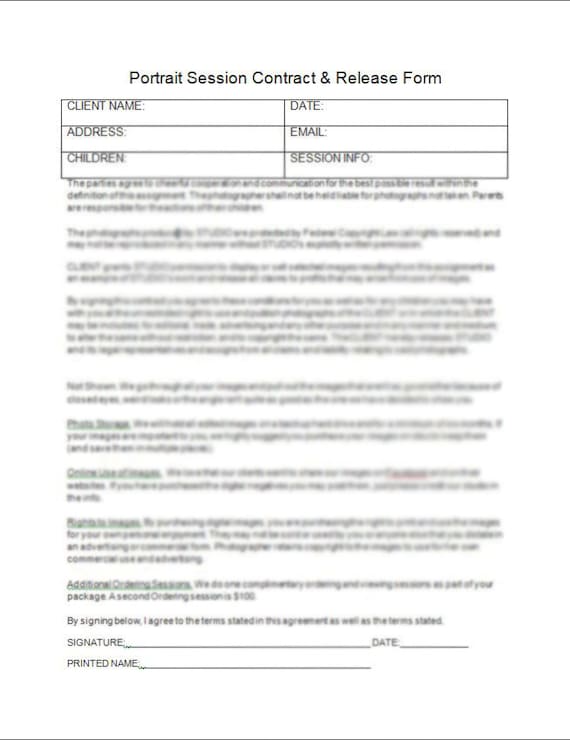 Portrait Session Contract Model Release Release Form Etsy