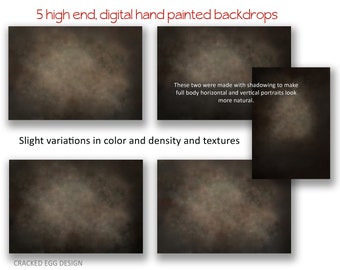 May include: Five digital hand-painted backdrops in brown tones with slight variations in color and density. These backdrops are ideal for full-body portraits, both horizontal and vertical, and can help create a more natural look.