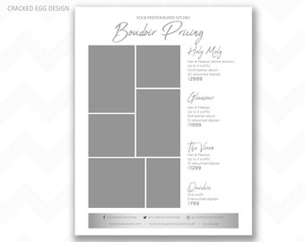 Boudoir pricing sheet for photographers, collage of photos, clean design, Photoshop template, photography prices, brochure, glamour, boudie