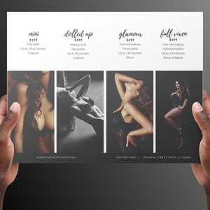 Boudoir pricing sheet, fonts included, For Photographers, Easily Add Packages, Boudie, Pin Up, Sessions, rose gold, Photoshop template