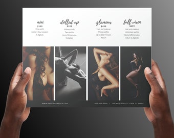 Boudoir pricing sheet, fonts included, For Photographers, Easily Add Packages, Boudie, Pin Up, Sessions, rose gold, Photoshop template