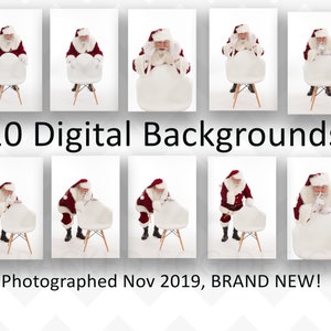 Fundos digitais de Papai Noel, lote grande de 10, muita variedade, com cadeira branca moderna de meados do século, barba real, miniaturas de Natal