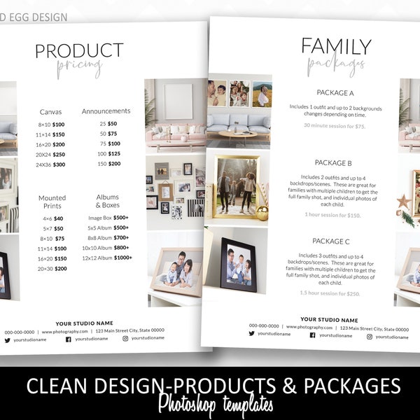 Pricing packages and product guide for photographers, up sell, brochure, Photoshop, fonts, templates, photography, studio marketing