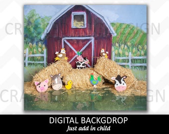 Farm Digital Backdrop, Barnyard, Animals, Chickens, Cows, Hay, For Photographers, Background, Cake Smash, Baby, reflection