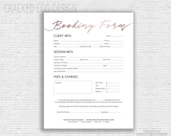 Photographers Contract, Booking Form, Photoshop Template, Contract Template, Cursive, Rose Gold Foil
