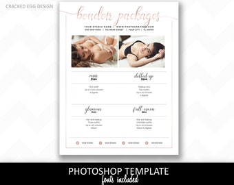 Boudoir pricing sheet, rose gold accents, clean lines, four packages, boudie, pin up, glamour, pinup, photography, photographer, template