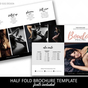 Brochure per prezzi boudoir, modello Photoshop mezzo piegato, per fotografi, aggiungi facilmente pacchetti, boudie, pin up, prezzi fotografici