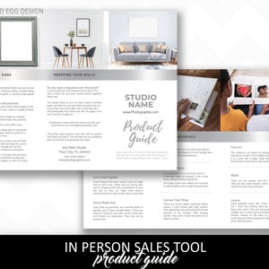 May include: A product guide for a photography studio, with a silver and gray color scheme. The guide includes information on sizes, prepping walls, materials, and in-person sales tools. The text includes the studio name, website, and address.