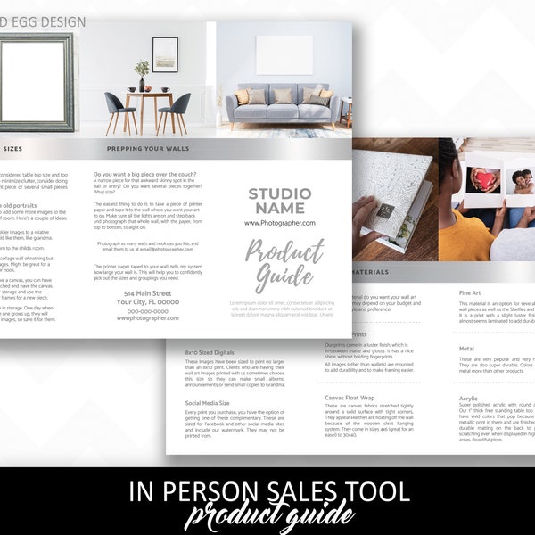 In person sales tool for photographers, product guide template, wall display, wall guide, how to, materials, Brochure, Photoshop Template