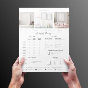 May include: Product pricing sheet for a photography studio. The sheet lists prices for wall art, albums, small prints, and digital files. The sheet also includes images of framed artwork.