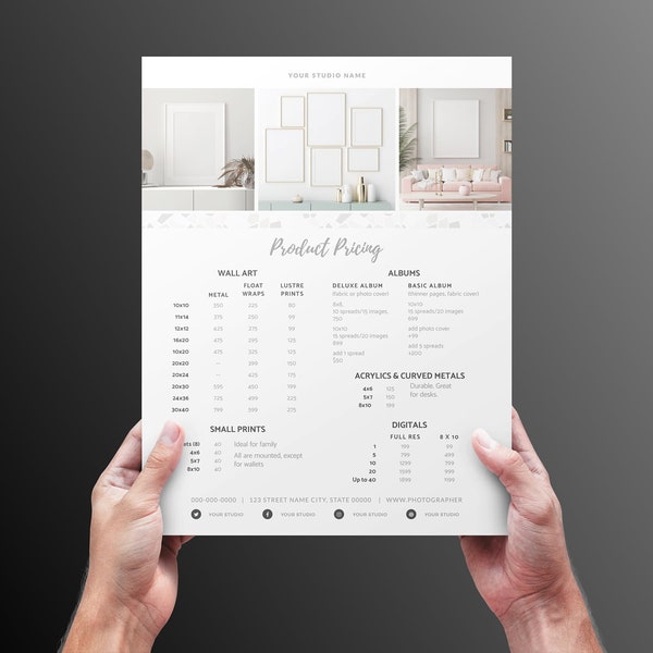 Product pricing guide for photographers, frames, canvas, wall art. Photoshop template with fonts.