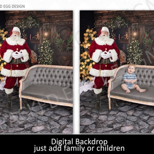Pode incluir: Um cenário digital com o Pai Natal em um traje vermelho com acabamentos brancos, perto de um sofá cinza tufado. O fundo inclui uma porta de madeira, árvores de Natal e luzes cintilantes. O texto na parte inferior diz "Digital Backdrop just add family or children."