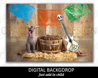 Mexican party newborn digital backdrop for photographers, painted, Xoloitzcuintli dog, guitar, Day of the Dead, Día de Muertos, Coco, Dante