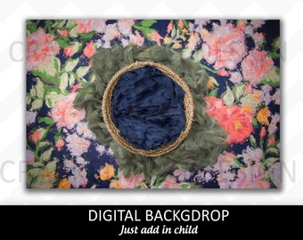 Floral digital backdrop for newborn photographers, Background with navy blue, pinks, coral, green, photography