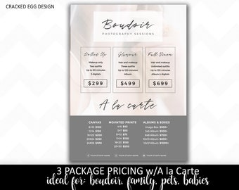 Boudoir pricing sheet for photographers, Background Image, includes an area for A la Carte, prints, albums, wall art, Edit in Photoshop