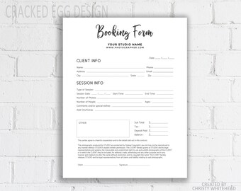 May include: A white Booking Form with black text, including fields for client and session information. The form includes the text "YOUR STUDIO NAME" and "WWW.PHOTOGRAPHER.COM". The form is on a white brick wall.
