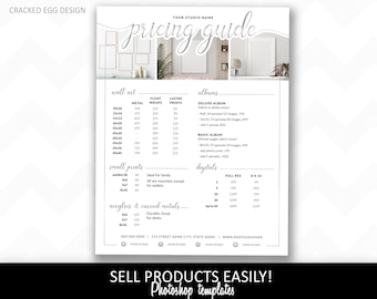 Product Pricing, Silver cursive Price guide for photographers, fonts included, frames, canvas, wall art. Photoshop template