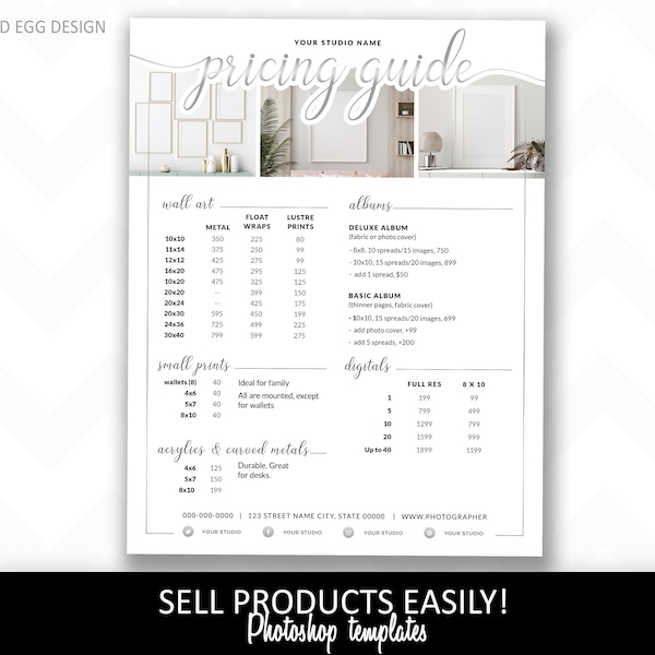 Product Pricing, Silver cursive Price guide for photographers, fonts included, frames, canvas, wall art. Photoshop template